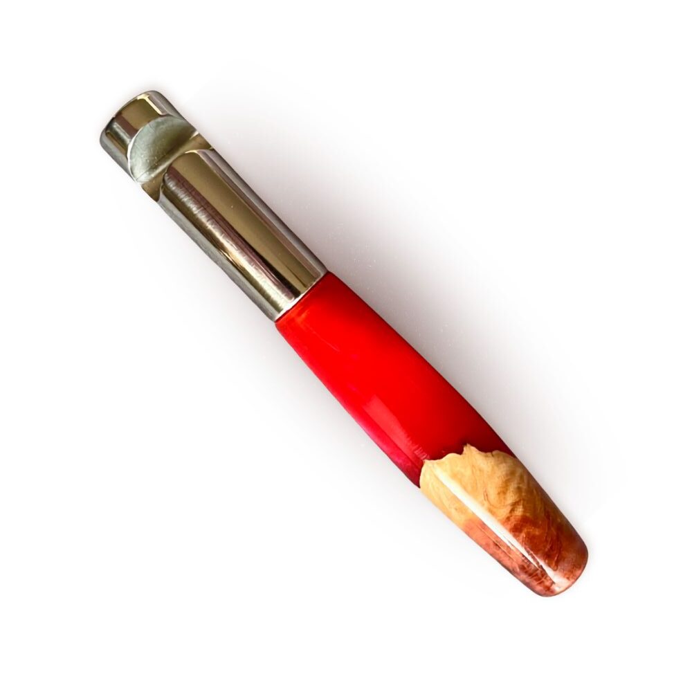 Handcrafted wooden bottle opener with olive wood and red resin handle