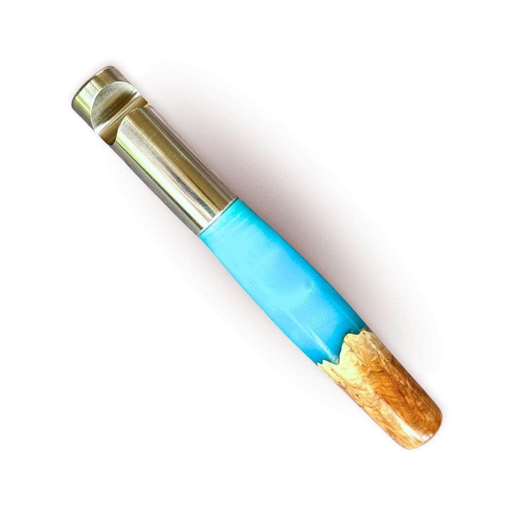 andcrafted wooden bottle opener with blue resin handle