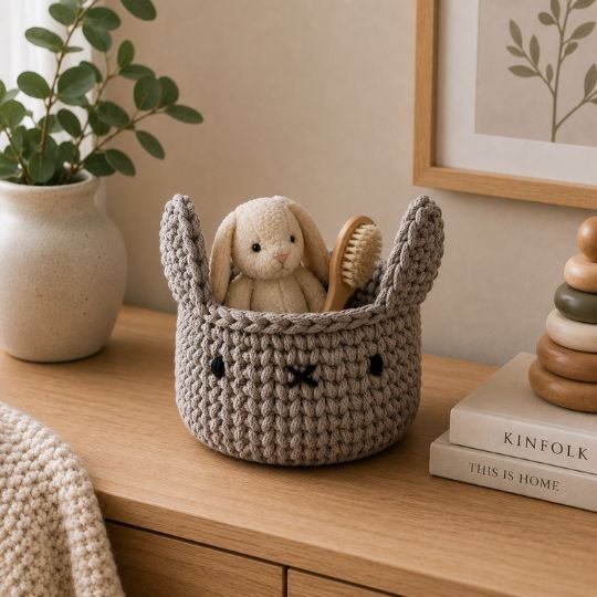 3 Handcrafted knitted bunny storage basket made from chunky cotton cord for nursery organisation