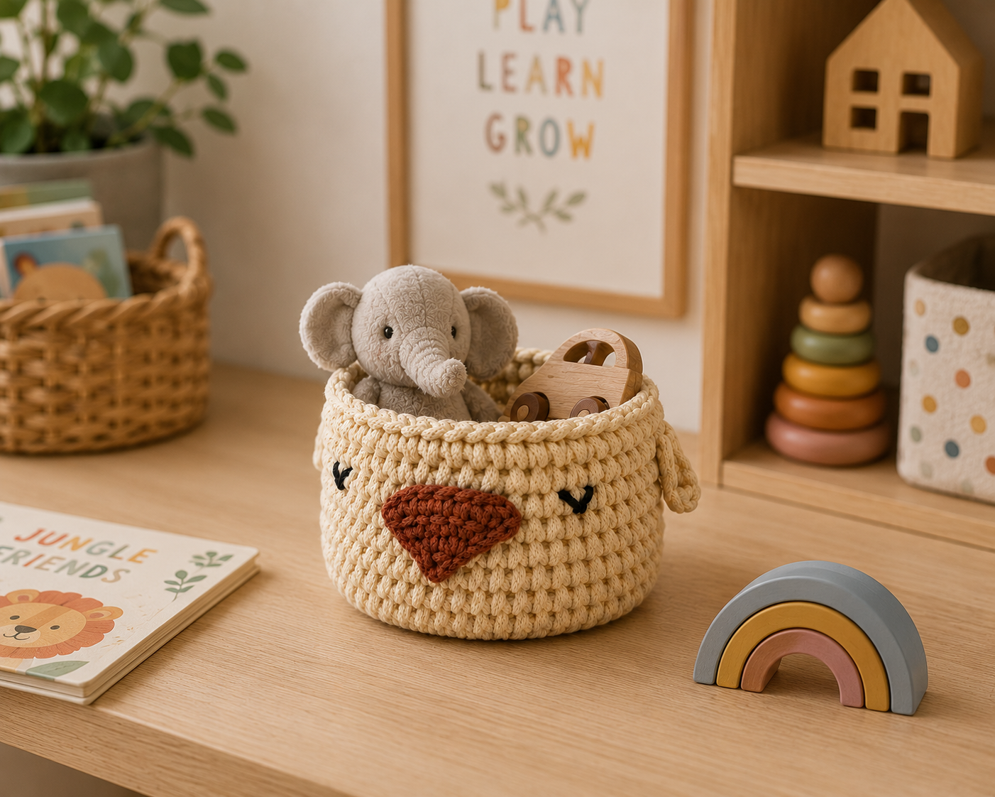Handcrafted knitted chick storage basket made from chunky cotton cord for nursery and playroom organisation