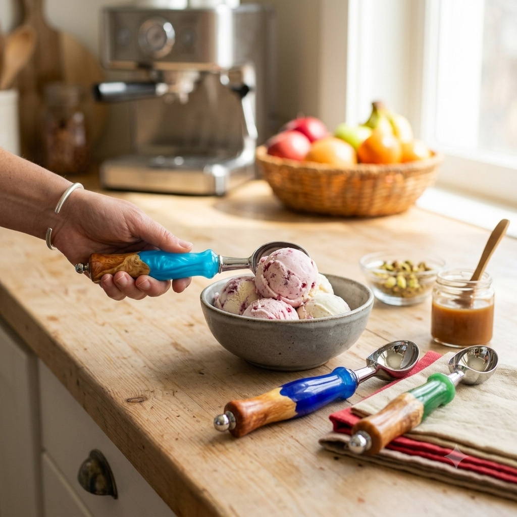 Handcrafted olive wood and resin ice cream scoop with stainless steel head serving berry ice cream