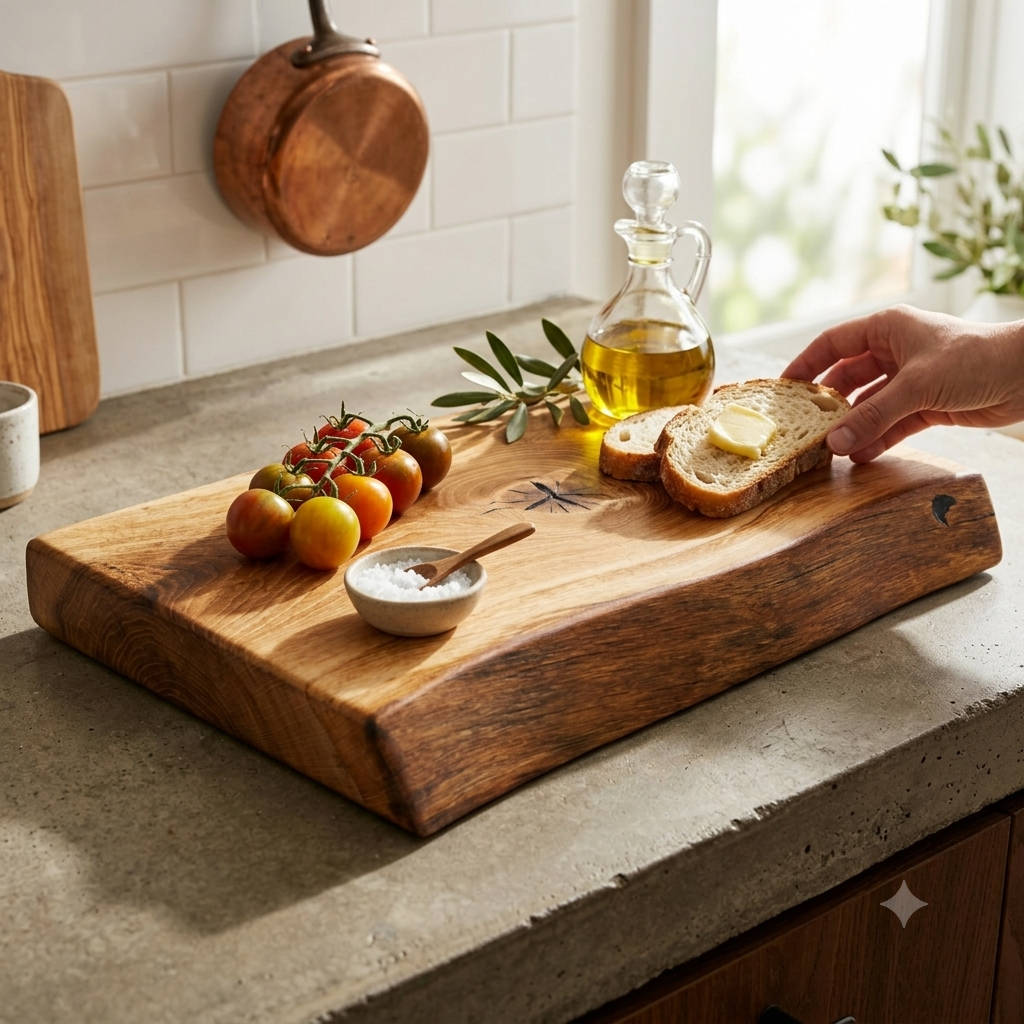 Handcrafted live edge chopping board made from solid wood with tomatoes, olive oil and fresh bread